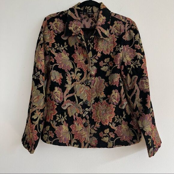 Portrait Black Floral Botanical Tapestry Button Up Jacket Size Small - Picture 1 of 7